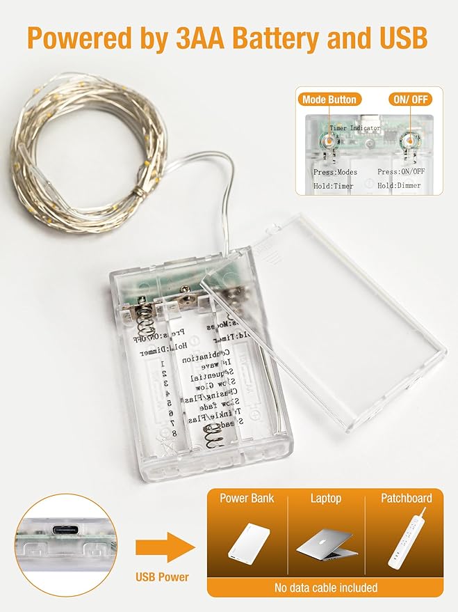 btfarm 2 Pack Fairy Lights Battery Operated with Timer, 16.4 FT 50 LED Silver Wire Twinkle String Lights 8 Modes Dimmable Waterproof for Indoor Christmas Bedroom Wedding Decorations, Warm White