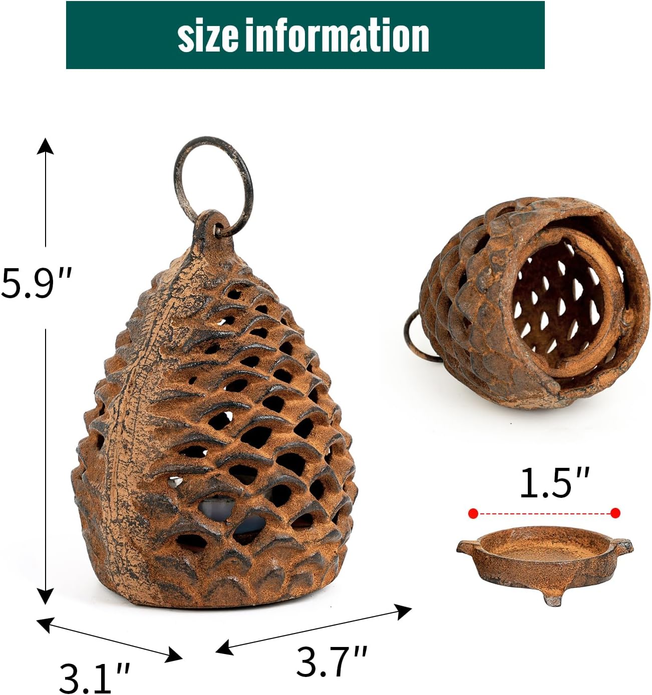 Sungmor Cast Iron Pinecone Candle Holder - Tabletop Decorative Tealight Lantern, Rustic Style Hanging Home Garden Decor, Vintage Stand for Votive or Flameless Candles
