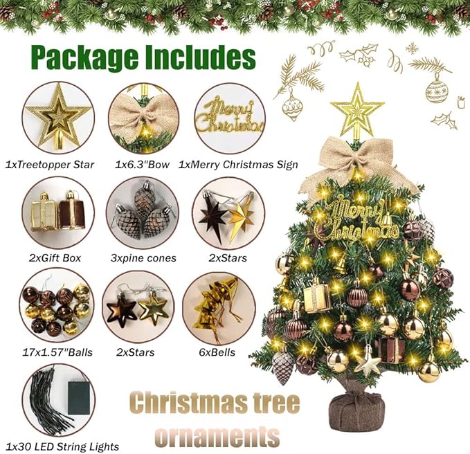 SVNVIOZ 2FT Small Tabletop Christmas Tree with Lights, Mini Artificial Christmas Tree with Bronze Gold Ornaments, Xmas Tabletop Christmas Tree for Holiday Home Decoration