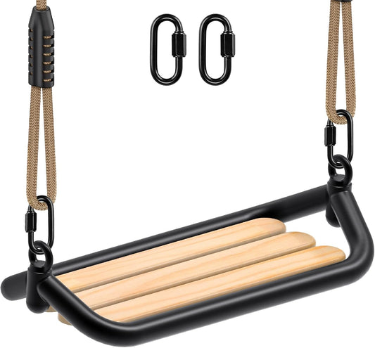 SELEWARE Hanging Wood Swing Seat Tree Swing for Kids, 100% Polyester Weather Proof Rope Heavy Duty Steel Tubing Structure Backyard Swing Set Replacement