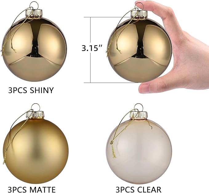 Gold Glass Christmas Ball Ornaments, 3.15" Christmas Hanging Ornament for Christmas Tree Set of 9 with 3 Different Finishes, Glass Christmas Baubles for Holiday Xmas Party Decorations Gift