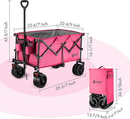 VILLEY Collapsible Folding Wagon with Big Wheels, Enlarged 225lbs Capacity, All Terrain Wagons Carts Heavy Duty Foldable, Portable Utility Garden Cart with 2 Cup Holders and Brake, Pink
