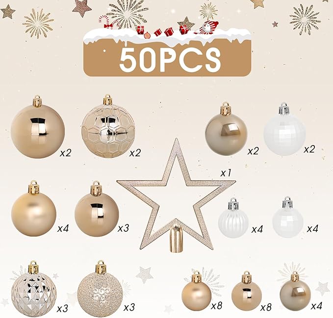 TranquilBliss 50 Pcs Christmas Ornaments Set with Strings, Christmas Ball Ornaments Set with Hanging Strings, Shatterproof Christmas Decorations Ornaments for Xmas Tree (Deep Champagne)