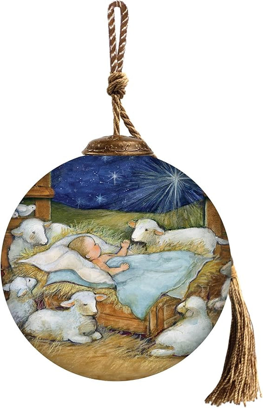 Baby Jesus with Lambs Nativity Ornament–Hand-Painted Glass Holy Family Christmas Ornament – Manger Scene with Sheep – Religious Christian Ornament – Catholic Keepsake