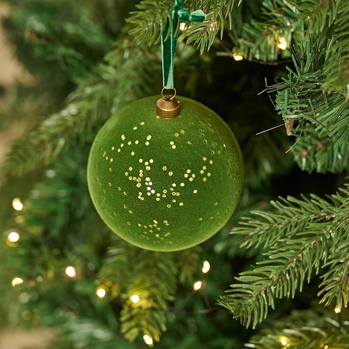 DN DECONATION 4PCS Christmas Ball Ornaments Set – Green Ball Ornaments for Christmas Tree, 4” Shatterproof Velvet Plastic Balls Xmas Decorations with Ribbons for Winter Holiday Decor Gifts