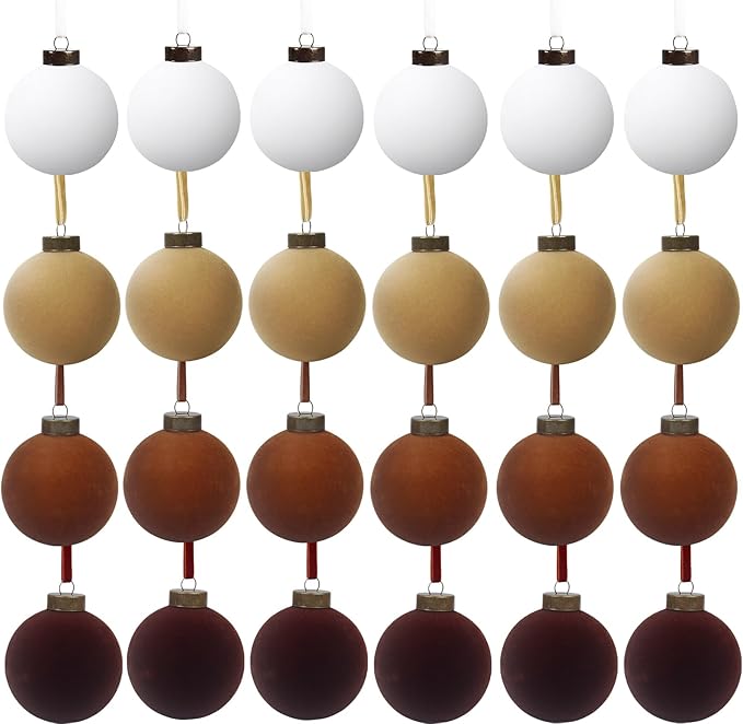 24 PcsVelvet Christmas Balls Bulk Shatterproof Plastic Christmas Tree Decorations for Decorative Hanging Baubles (24, White、Khaki、Brown、Coffee, 2.36Inch)