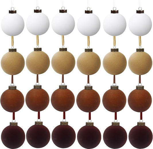 24 PcsVelvet Christmas Balls Bulk Shatterproof Plastic Christmas Tree Decorations for Decorative Hanging Baubles (24, White、Khaki、Brown、Coffee, 2.36Inch)