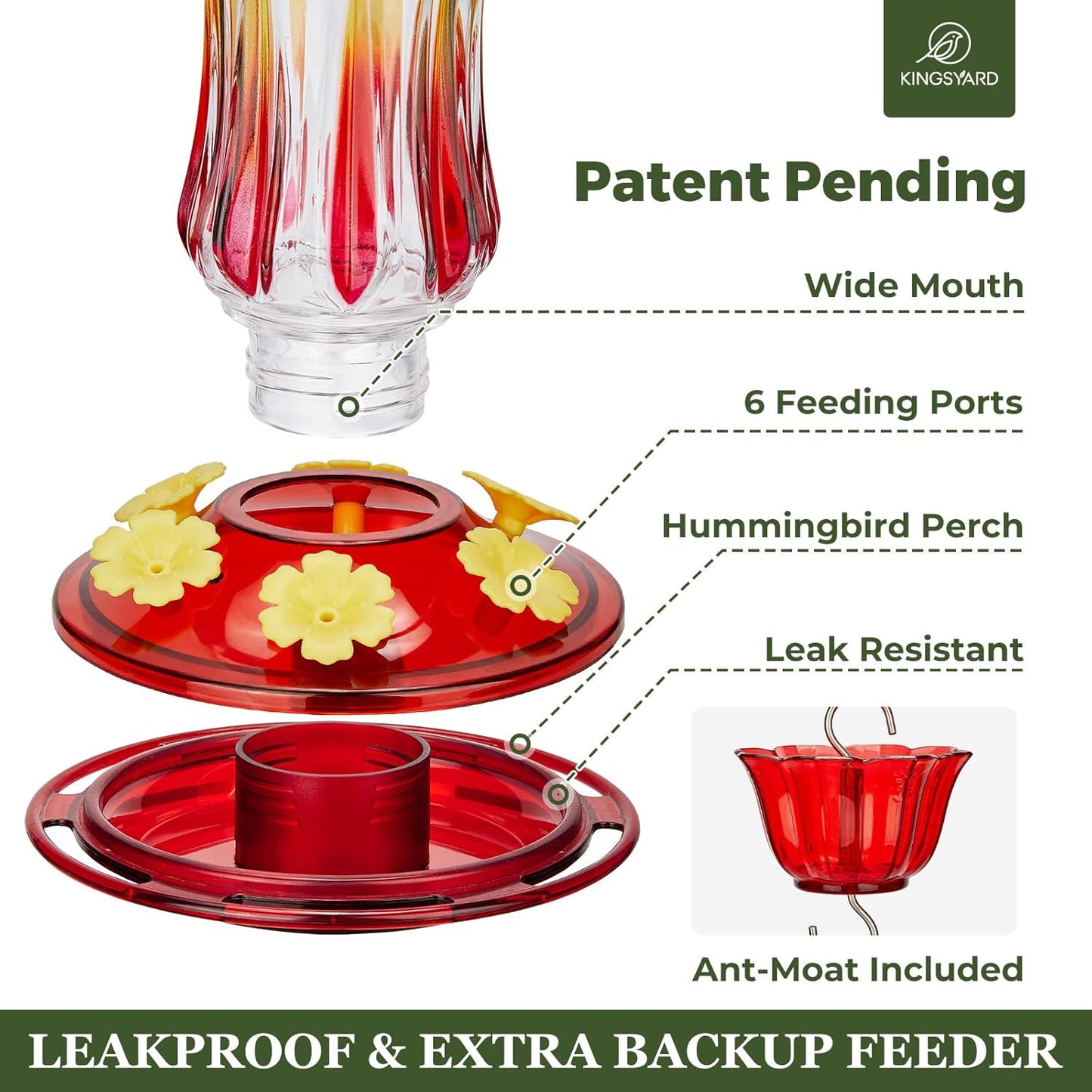 Kingsyard 2 Pack Glass Hummingbird Feeders for Outdoors Hanging, Hummingbird Nectar Feeder with Ant Moat & 6 Feeding Ports, 25 Oz Leak Proof, Red