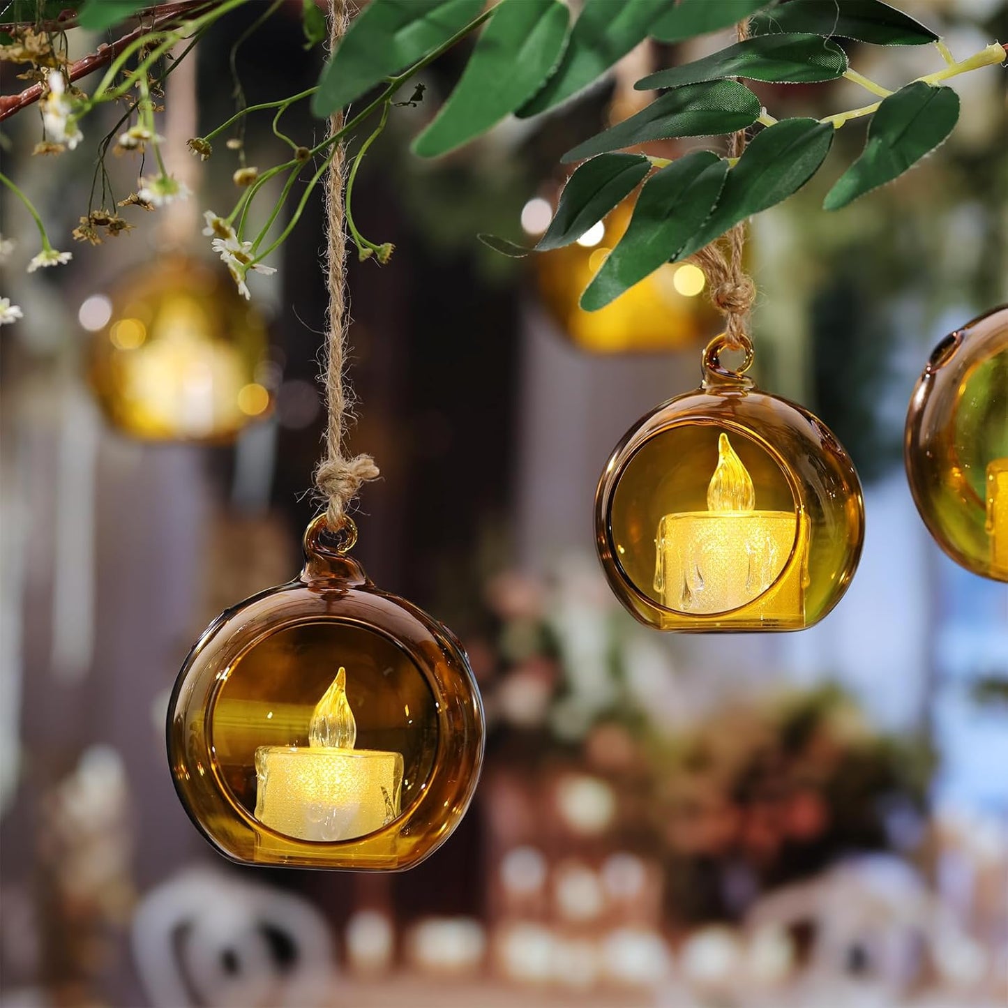 LETINE Assorted Amber Glass Orb Set (12pcs) with 2.17" & 1.93" Spheres - Versatile Tea Light Candle Holders & Air Plant Holders for Boho Wedding Decor