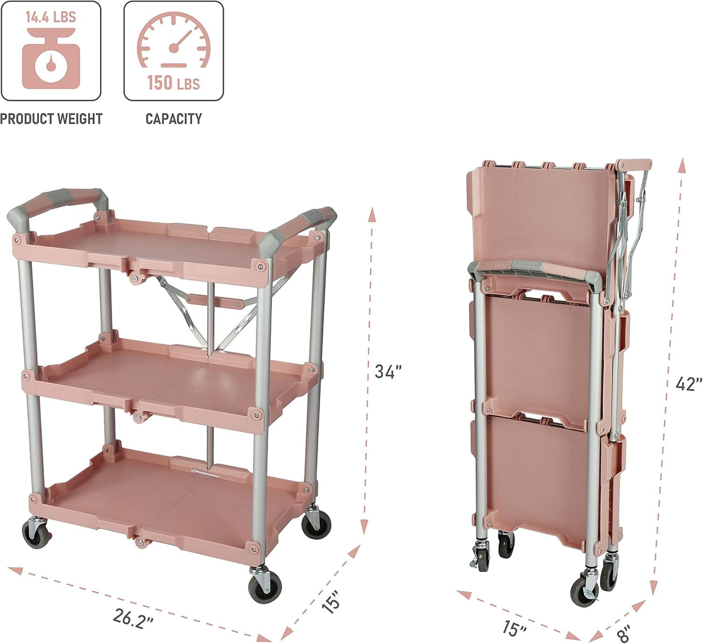 Olympia Tools 89-350 Pack-N-Roll Folding Collapsible Service Cart, 150LB Capacity, Rose