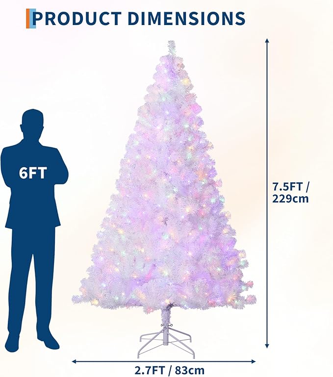 GAOMON 7.5Ft Prelit Christmas Tree, White Tinsel Christmas Tree with 450 Warm White Led Lights & Sturdy Stand, Sparkle Xmas Decorations for Homes Offices, Parties, White