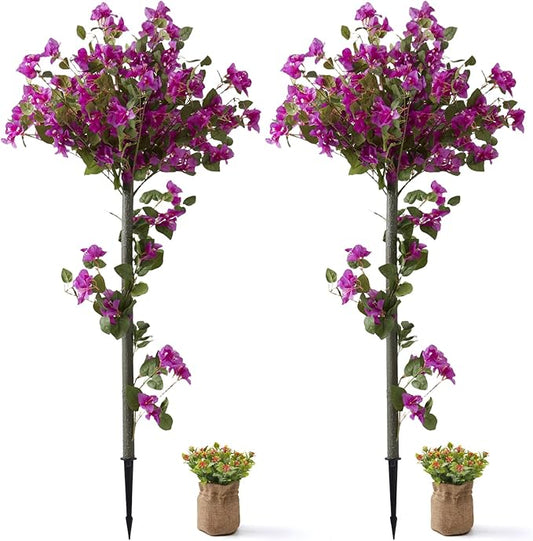 MGWILL 4FT Artificial Bougainvillea Tree, Set of 2 Faux Silk Floral Blooming Tree with Ground Spike, Decorative Topiary Plant, Fake Flowers Plants for Indoor Outdoor Porch Decor