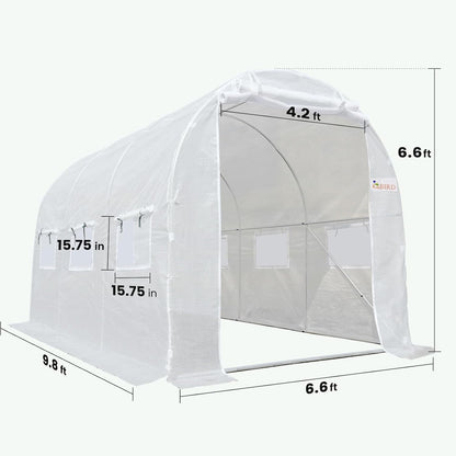 KING BIRD Premium 10x6.6x6.6FT Greenhouse for Outdoors, Large Walk-in Heavy Duty Galvanized Steel Frame, Mesh Door Screen Window Upgraded Zipper Tunnel Hoop for Garden Plant Winter, White