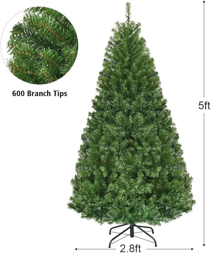 HAPPYGRILL 5FT Pre-lit Artificial Christmas Tree with 600 PVC Branch Tips, Foldable Base, Premium Hinged Spruce Xmas Tree with 11 Color Modes Lights for Holiday Decoration