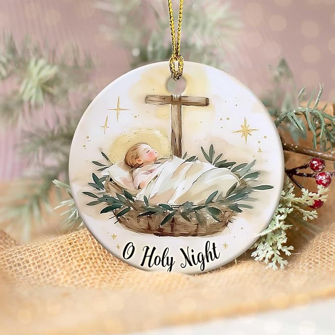 O Holy Night Ornaments Round Ceramic Birth of Jesus Cross Christ Ornament Christmas Keepsake Decor for Christmas Tree Winter Holiday Xmas Gift for Women Men Xmas Hanging Ornament 3" #1