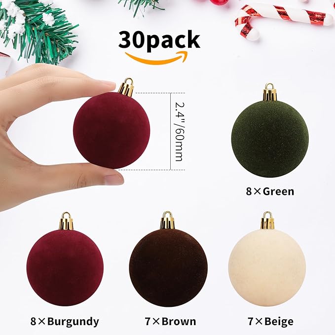 30pcs 6cm/2.4'' Velvet Xmas Balls Flocked Hanging Ornaments Christmas Decoration for Xmas Tree, Garland, Fireplace, Railing. Burgundy, Green, Brown, Beige (2.36" Velvet)
