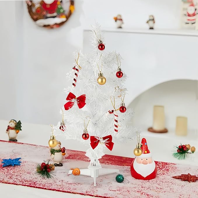 1.5FT Tabletop Christmas Tree, Artificial Mini Christmas Pine Tree with Realistic Branches & Plastic Stand, Small Xmas Tree for Home Office Party Desktop Festival Indoor Decoration, White