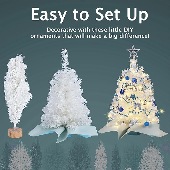 Juegoal White Mini Christmas Tree, 24 Inch/2 FT Lighted Tabletop Artificial Xmas Pine Tree, Small Spruce Tree Light Up Battery Operated & Timer with 50 LED Lights, for Holiday Winter Home Party Decor