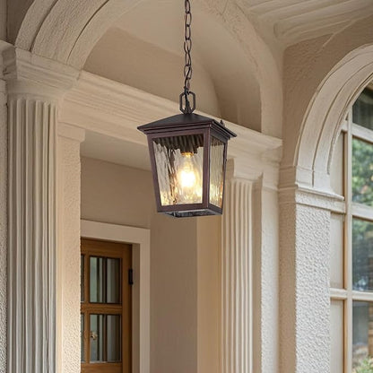 Outdoor Pendant Light, Brown Outdoor Porch Light fixtures with Anti-Rust, Coffee Exterior Hanging Lantern, Height Adjustable Outside Chandelier with Water Glass for House Patio Garage