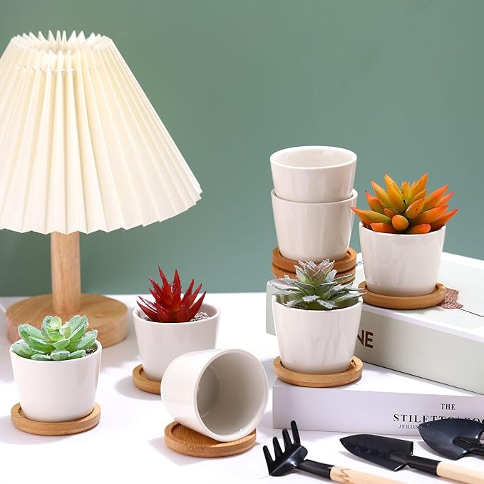 Hsei 24 Pack 2.5 Inch Mini Succulent Plant Pots Small Ceramic Flower Pot with Bamboo Tray Garden Cactus Herb Container, Home Office Decoration for Christmas Birthday Wedding Favor Gifts (White)