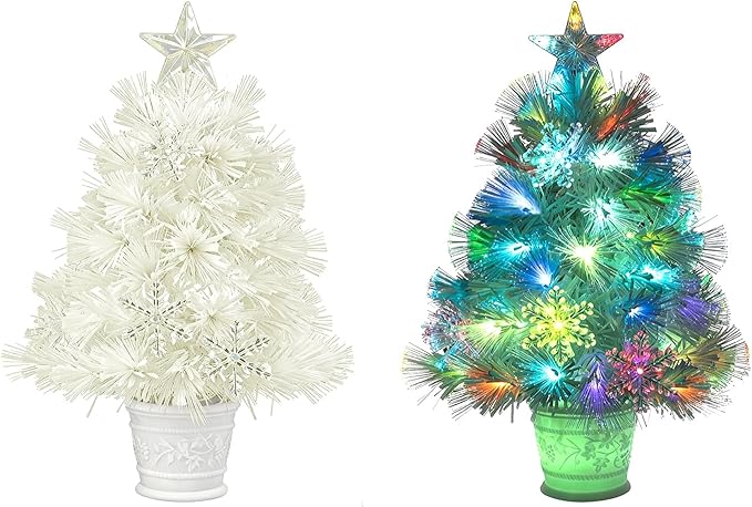 Artificial Christmas Tree, 24inch Small Christmas Tree White Fiber Optic Prelit Tabletop Xmas Tree with 67 Led Lights 7 Colors Lighted Christmas Tree Holiday Home Decor