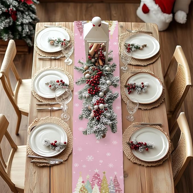 GEEORY Christmas Table Runner 13x72 Inch, Xmas Trees Snowflakes Holiday Decorative Farmhouse Table Decoration for Kitchen Dinning, Indoor Outdoor Dinner Party Decor (Pink) GT153-72