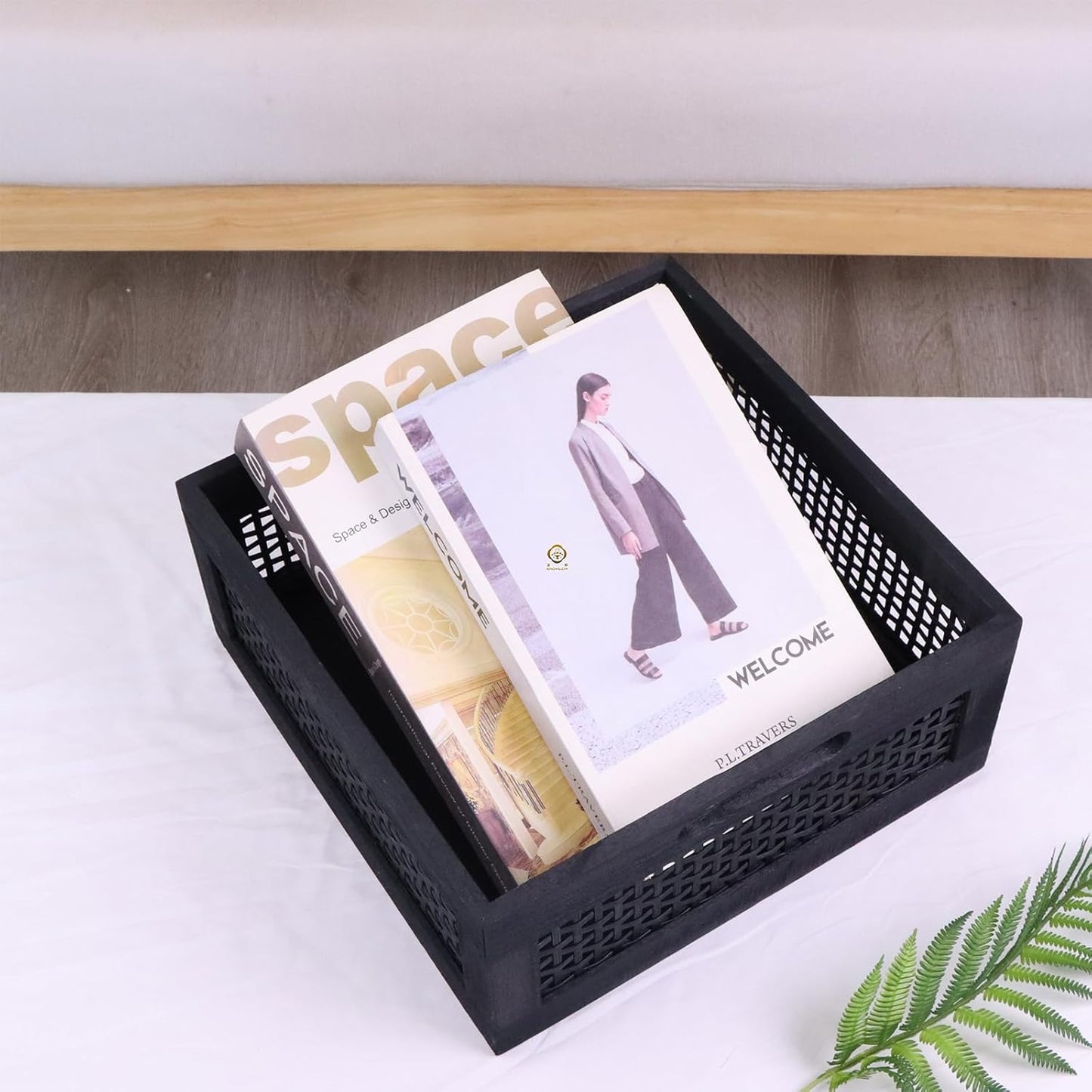YRMT Wood Storage Crate Basket Rustic Wooden Storage Container for Organizing Decorative Bamboo Box with Handles for Pantry, Shelves Organizer 11.4" x 11.4" x 5" (Black)