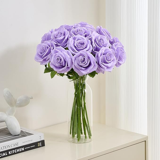 15pcs Fake Roses Lavender Artificial Silk Flowers Faux Rose Flower Long Stems Bouquet for Arrangement Wedding Centerpiece Party Home Kitchen Decor