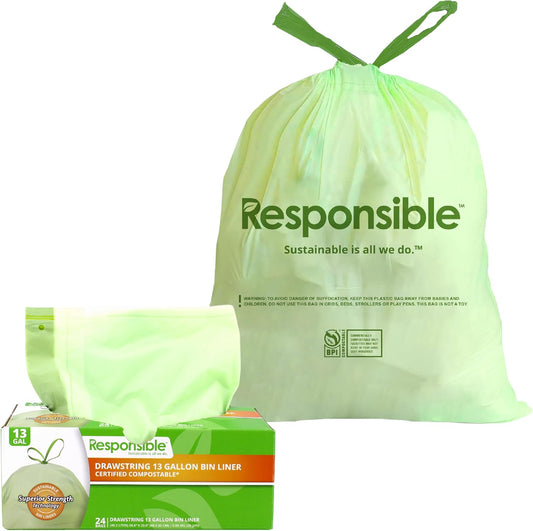 Kitchen Bin Liners, Certified Compostable, Heavy Duty Multipurpose Food Scrap Bags, Made from Compostable Materials (13 Gallon Drawstring, 13 Gallon (24 Count))