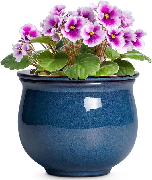 African Violet Pots, 6 Inch Ceramic Easy Self Watering Pots for Indoor Plant, Round Self Watering Planter with Absorbent Inner Pot, Ceramic Flower Pot, Room Decor, Plant Lover Gift, Retro Blue
