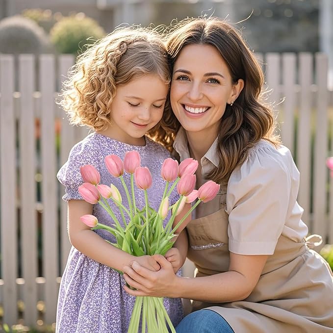 15 Pcs Deep Pink Tulips Artificial Flowers Faux Tulips Real Touch Latex Fake Flower Bouquet for Spring Wedding Home Décor Centerpiece Arrangements