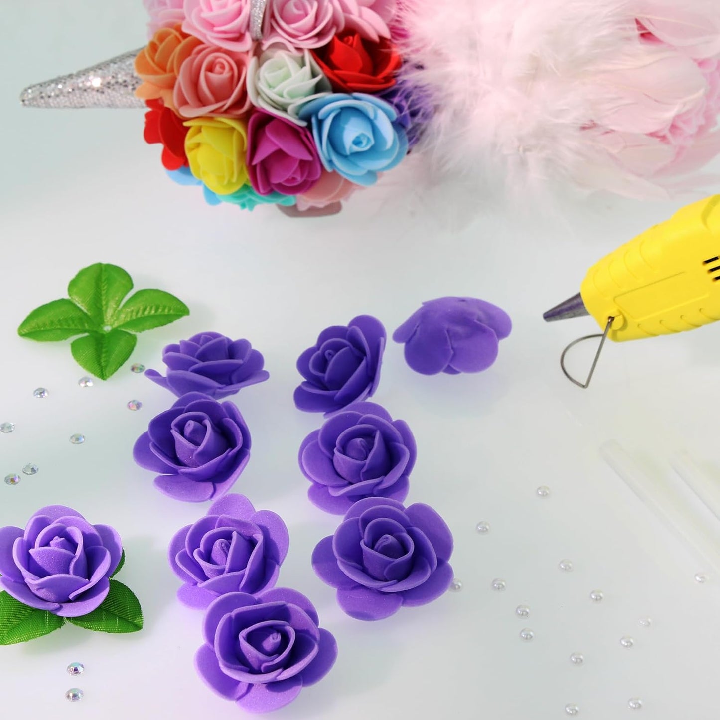 500 Pcs 1.4 Inch Mini Artificial Flowers Head Bulk 5 in 1 Set Faux Foam Fake Small Rose Tiny Baby Flores Bouquet Cake Gift Home Decoration DIY Craft (Purple)