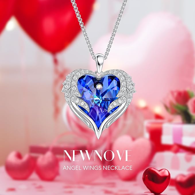 NEWNOVE Preserved Real Blue Rose with Angle Wings Necklace, Anniversary Birthday Gifts for Women, Wife Girlfriend Mom Gift Ideas, I Love You Gifts for Her
