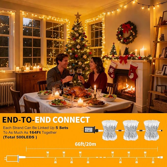 200 LED Christmas Lights 66 ft Christmas Tree Lights 8 Modes Plug-in with Memory Function White String Light for Bedroom Xmas Tree Wreath Patio Party Spring Outdoor Decorations