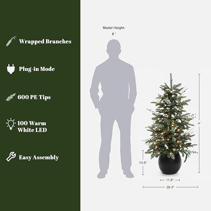 LuxenHome 4FT Small Christmas Tree, Slim Potted Christmas Trees with 100 Warm White LED Lights, Artificial Pine Tree with Pine Cone and Black Round Base, Faux Tree for Holiday Decorations