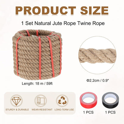 MECCANIXITY Jute Rope 0.9 Inch x 59ft, Thick Twine Rope Ropes Braided Jute Twine Natural Brown Burlap Cord String Heavy Twisted with Tapes for Decorative Crafts Railing Swing Tug of War
