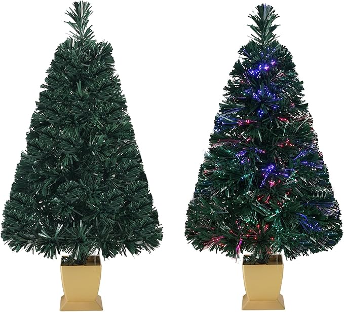 32inch Green Fiber Optic Christmas Tree, Small Christmas Tree with Lights 3 FT Artificial Prelit Tabletop Xmas Tree Holiday Home Decorations, USB Adaptor Included