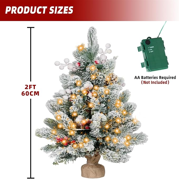 ININ 2FT Pre-lit Mini Christmas Snow Flocked Tree,Tabletop Artificial Christmas Tree with LED Lights, Small Xmas Pine Tree with Cloth Bag Base for Christmas Decor.