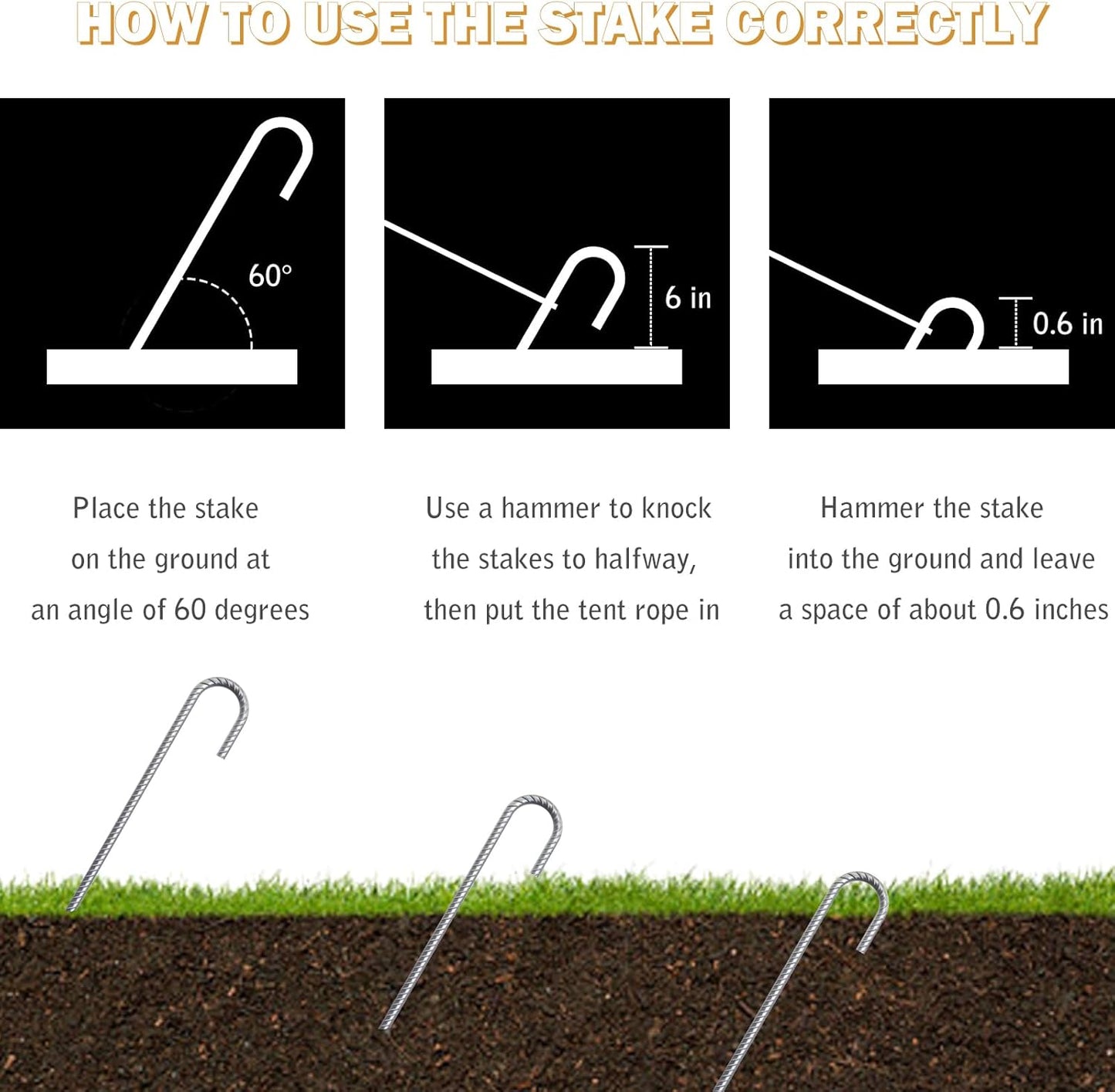 ASDFGHT J Hook Rebar Stakes 12 & 16 Inch (Black or Silver), Heavy Duty Professional Quality Ground Anchors for Chainlink Fence, Sports nets, Camping, Trampolines, Irrigation Pipes and Garden