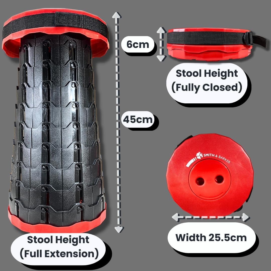 Smith & Barker Upgraded for 2025 Premium Telescopic Folding Stool for Adults and Children Outdoor Indoor Portable Collapsible Foldable Fishing Hiking Camping Festivals Seat (Red)