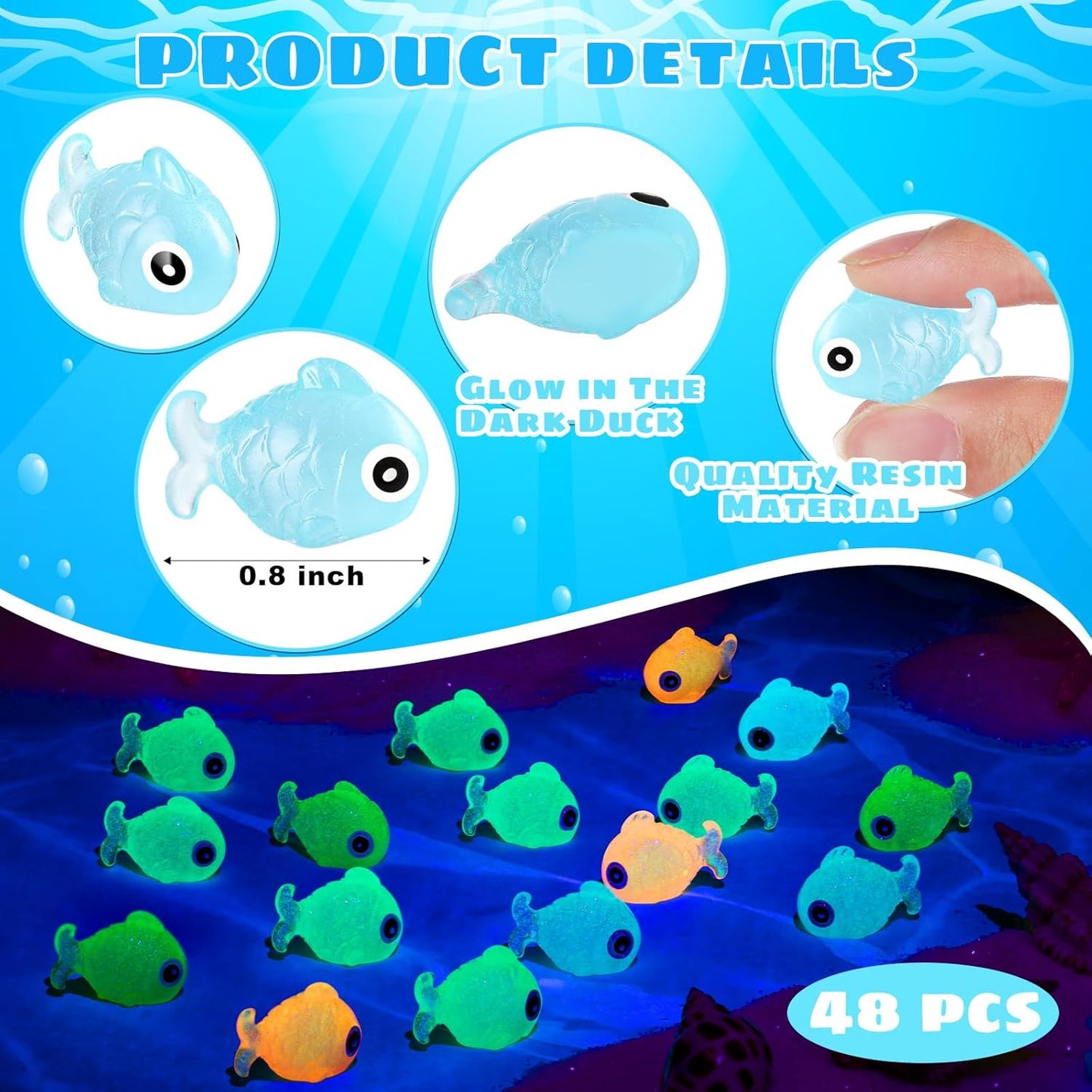 96Pcs Luminous Mini Resin Fish, Miniature Glow in Dark Fish Figurines for Garden, Aquarium, Dollhouse Decor & Crafts