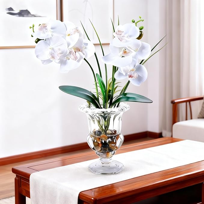 Jusdreen Artificial Orchid Centerpiece with Glass Vase, 14.5 Inch Lifelike Phalaenopsis Bonsai for Home Office Table Decor, White Orchid Arrangement with Potting