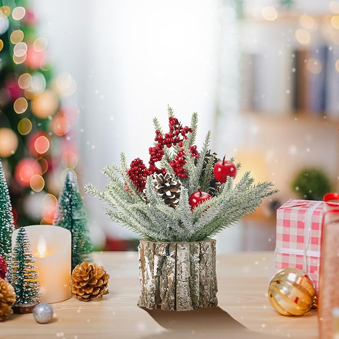Super Holiday Small Christmas Tree, Artificial Mini Tabletop Christmas Tree Decorations Include Apple/Berry/Pinecone, for Home Party Thankgivings Christmas Decor, Indoor 13.7 Inch