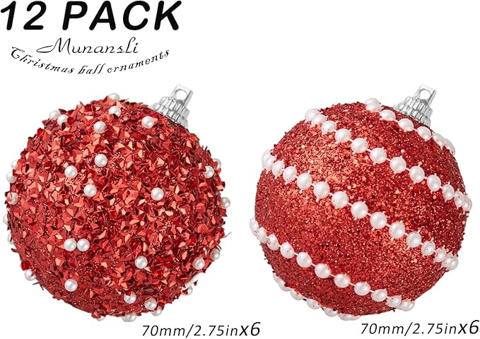 Red Christmas Ball Ornaments,12ct Christmas Tree Shatterproof Plastic Hanging Sequin Xmas Balls for Festivals Holiday Party Decorations(70mm/2.76")