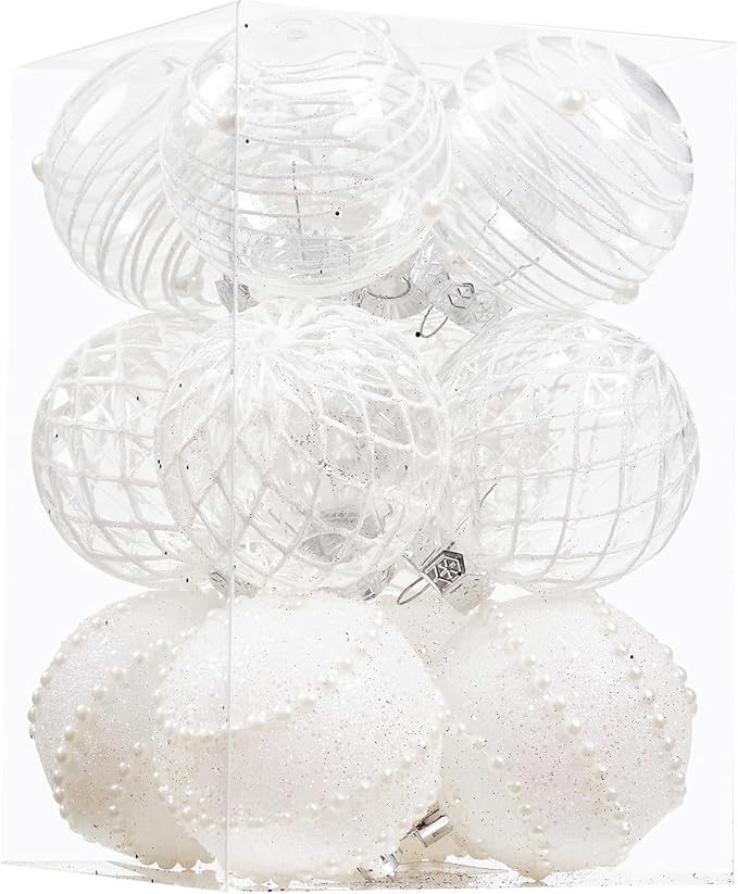 12CT Christmas Ball Ornaments White Shatterproof Clear Large Plastic Christmas Tree Decoration, Delicate Hanging Ornaments for Xmas Party, Wedding, Holiday and Home Décor(70mm/2.76")