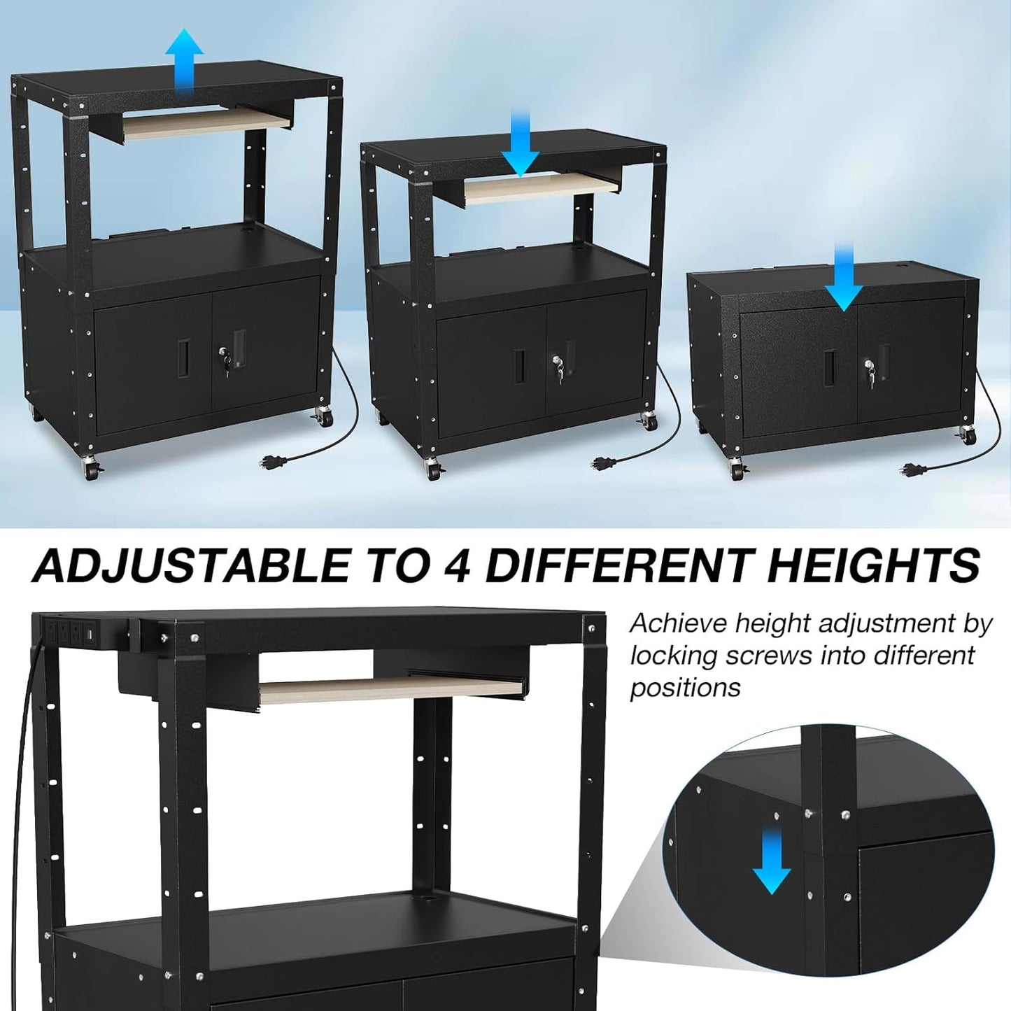 AV Cart, Adjustable-Height Rolling Computer Cart with Charging Station, Steel AV Presentation Cart with Locking Cabine & Keyboard Tray, Multipurpose Utility Cart Mobile Workstation for Office, Black