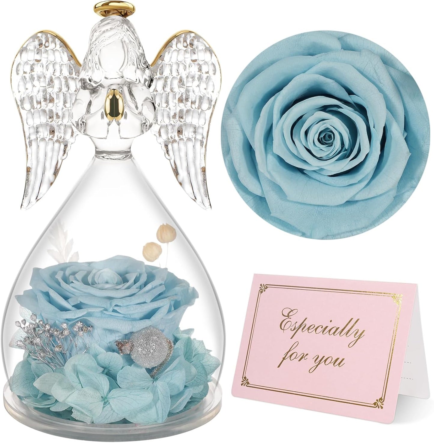 Yamonic Mom Birthday Gifts for Mom, Glass Angel Figurines Forever Real Rose Gifts for Her Women Grandma, Preserved Rose Angel Figurine for Mothers Day Birthday Gifts for Moms from Daughter(Pale Blue)