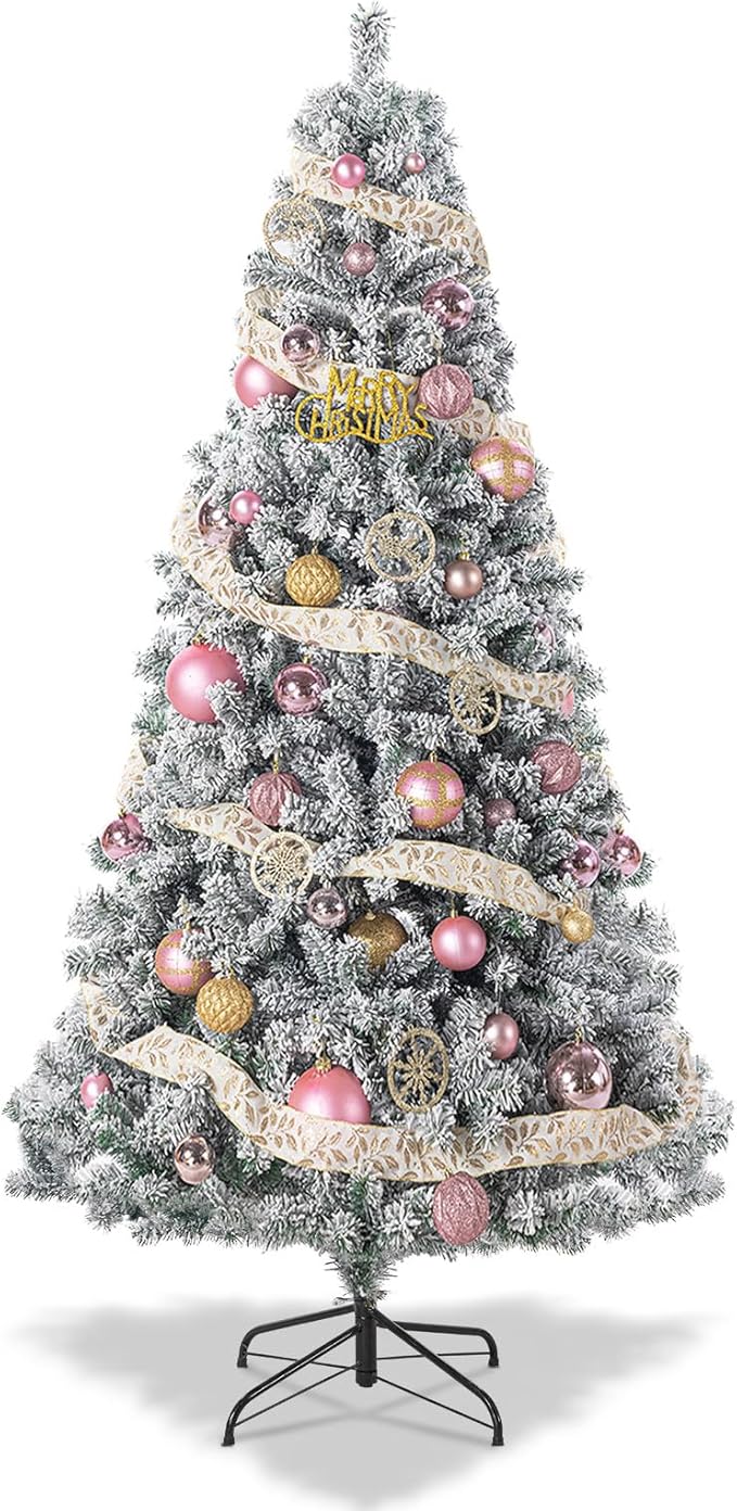 7FT Green Artificial Christmas Tree with 1200 Realistic Branch, Flocked Full Xmas Tree with Foldable Stand, Easy Assembly Hinged Pine Tree for Home, Shop, Office, Party Holiday Decoration