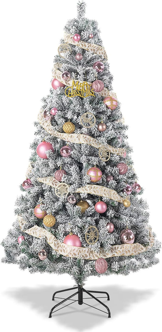 7FT Green Artificial Christmas Tree with 1200 Realistic Branch, Flocked Full Xmas Tree with Foldable Stand, Easy Assembly Hinged Pine Tree for Home, Shop, Office, Party Holiday Decoration