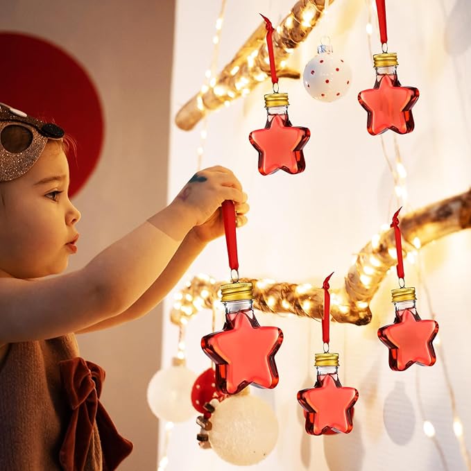 Patelai 18 Pcs Christmas Drink Balls Clear Shot Glass Ornaments Xmas Tree Fillable Ornaments Plastic Xmas Water Bottle Bulbs for Holiday Party Decorations(Star,50 ml)